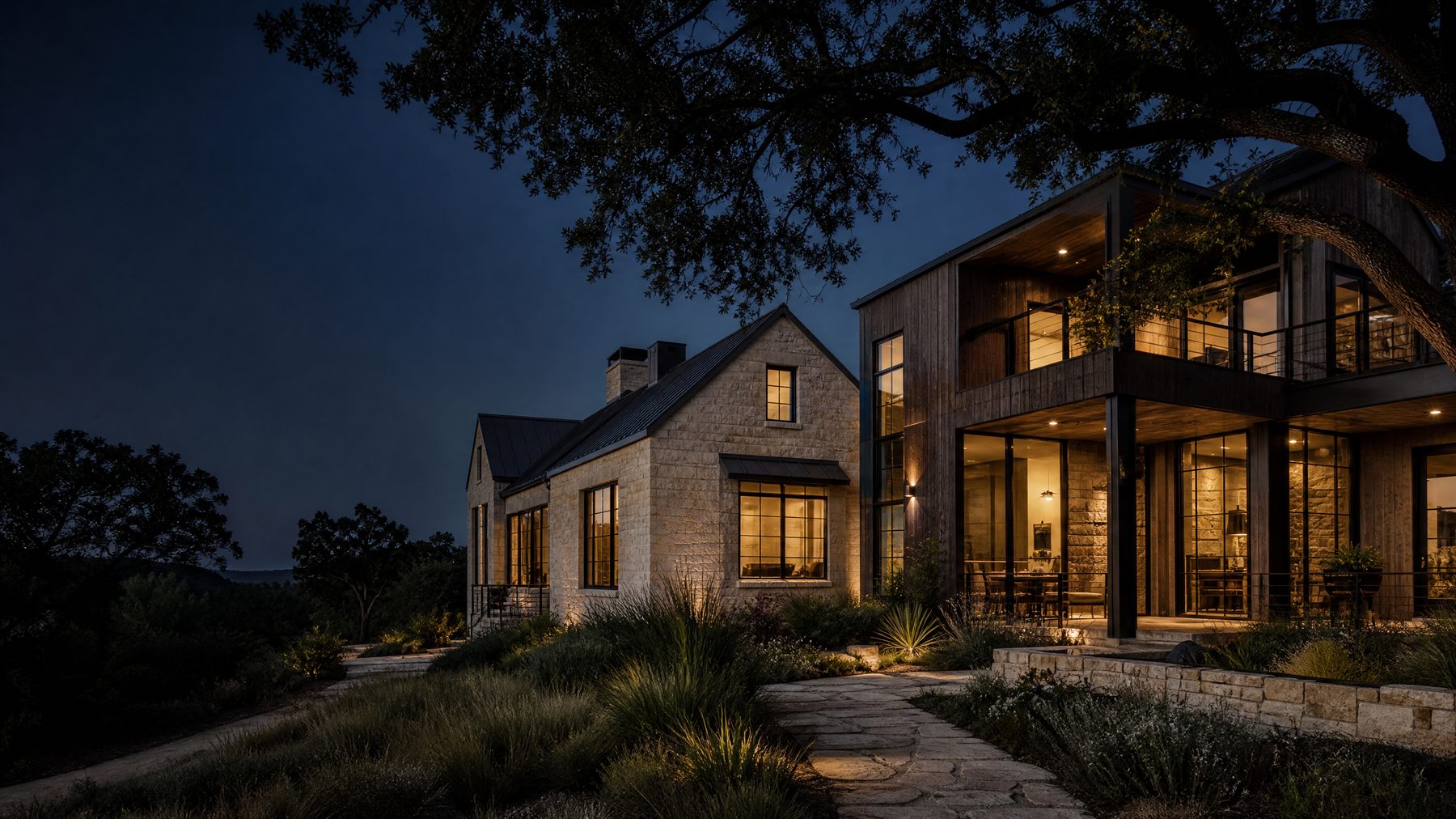 Editorial view of a modern Austin home with warm interior lighting and limestone exterior