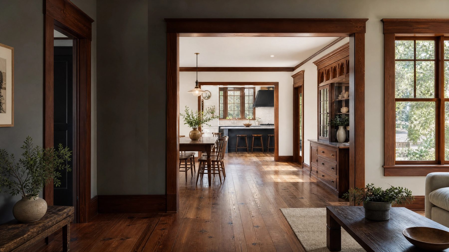 Historic renovation reference with preserved wood floors, windows, and trim