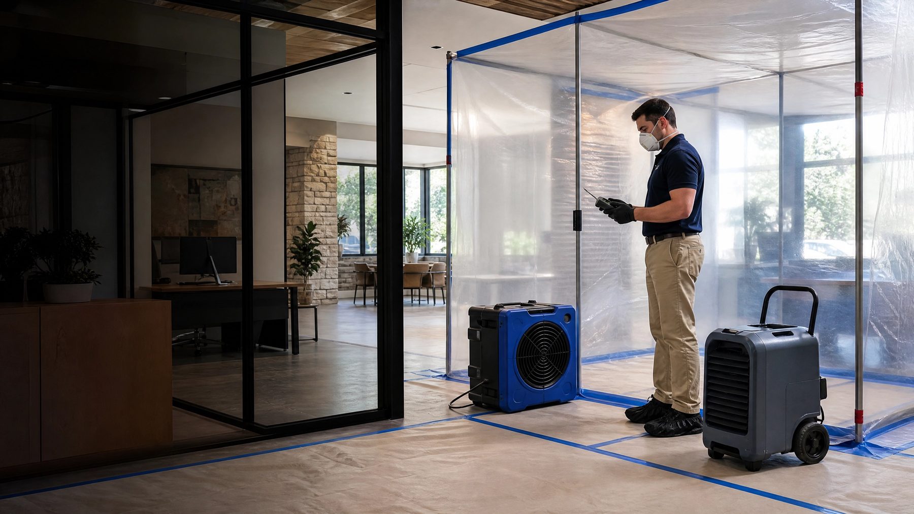 Commercial restoration scene with containment and drying equipment
