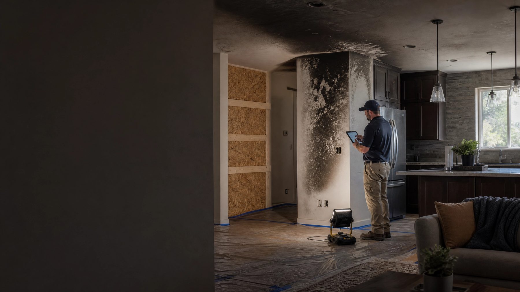 Fire damage assessment showing controlled soot and smoke cleanup conditions