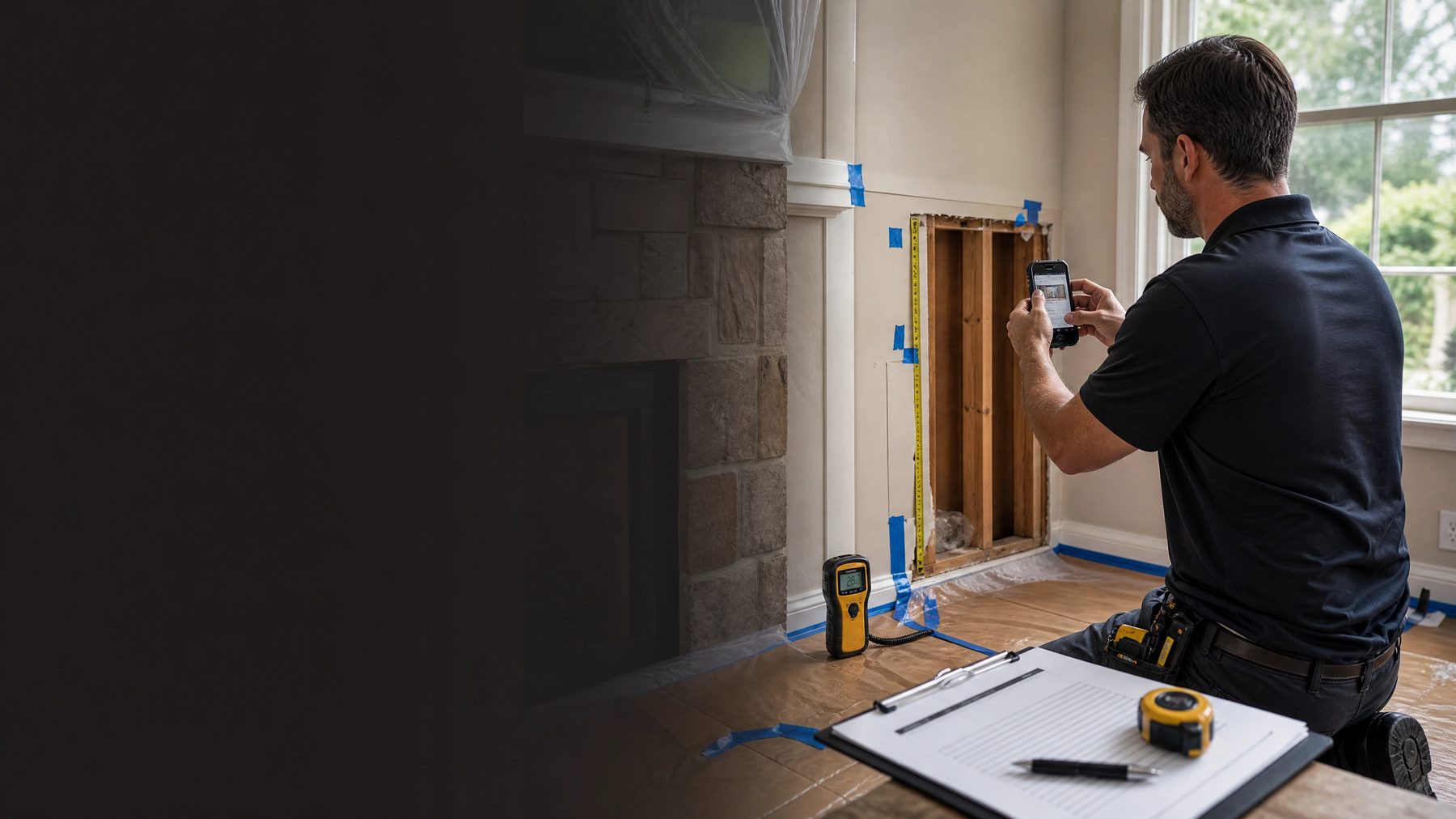 Contractor documentation scene with measurements, photos, and moisture readings