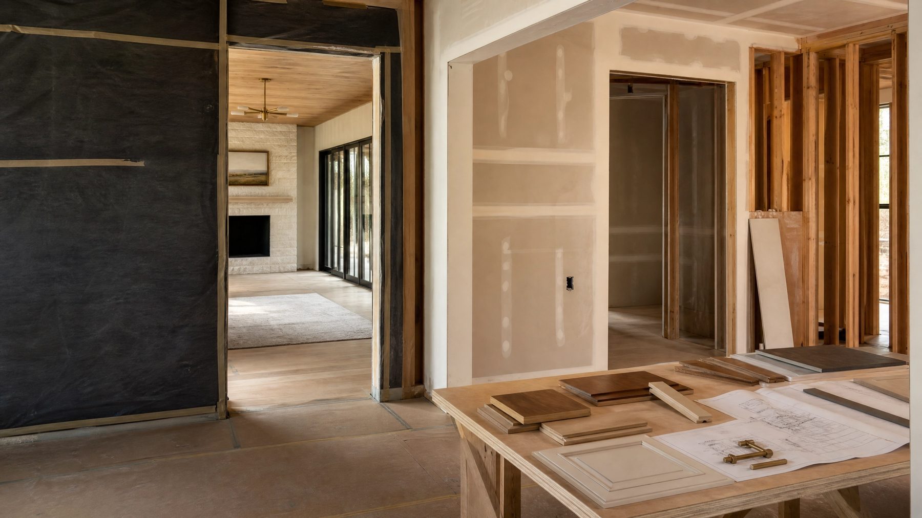 Property reconstruction reference with new drywall, framing, and protected finishes