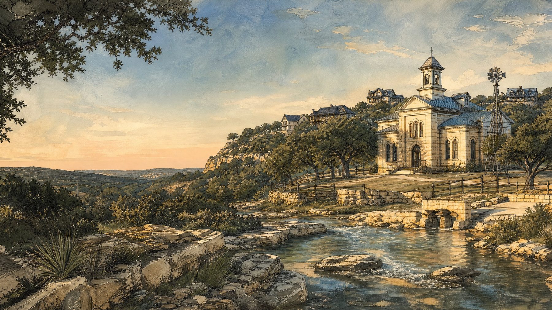 Illustrated Dripping Springs Hill Country landscape with limestone, creek, live oaks, and acreage homes