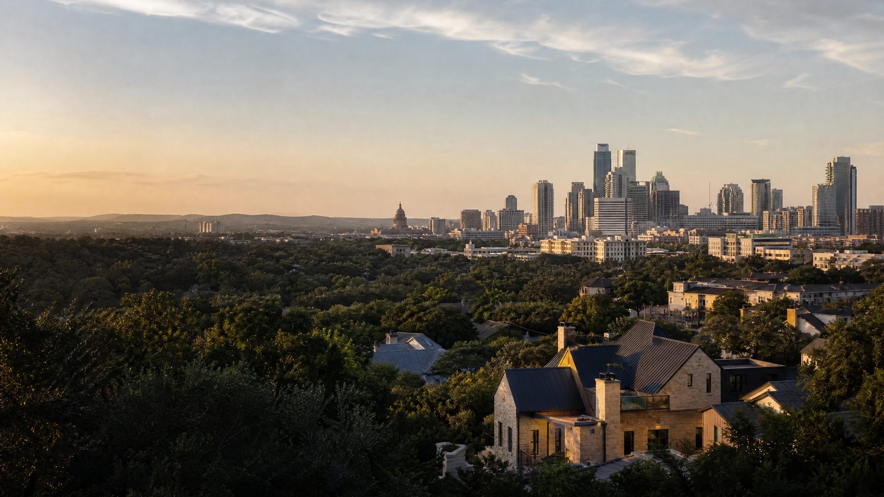 Austin metro landscape with skyline, limestone neighborhoods, live oaks, and Hill Country horizon