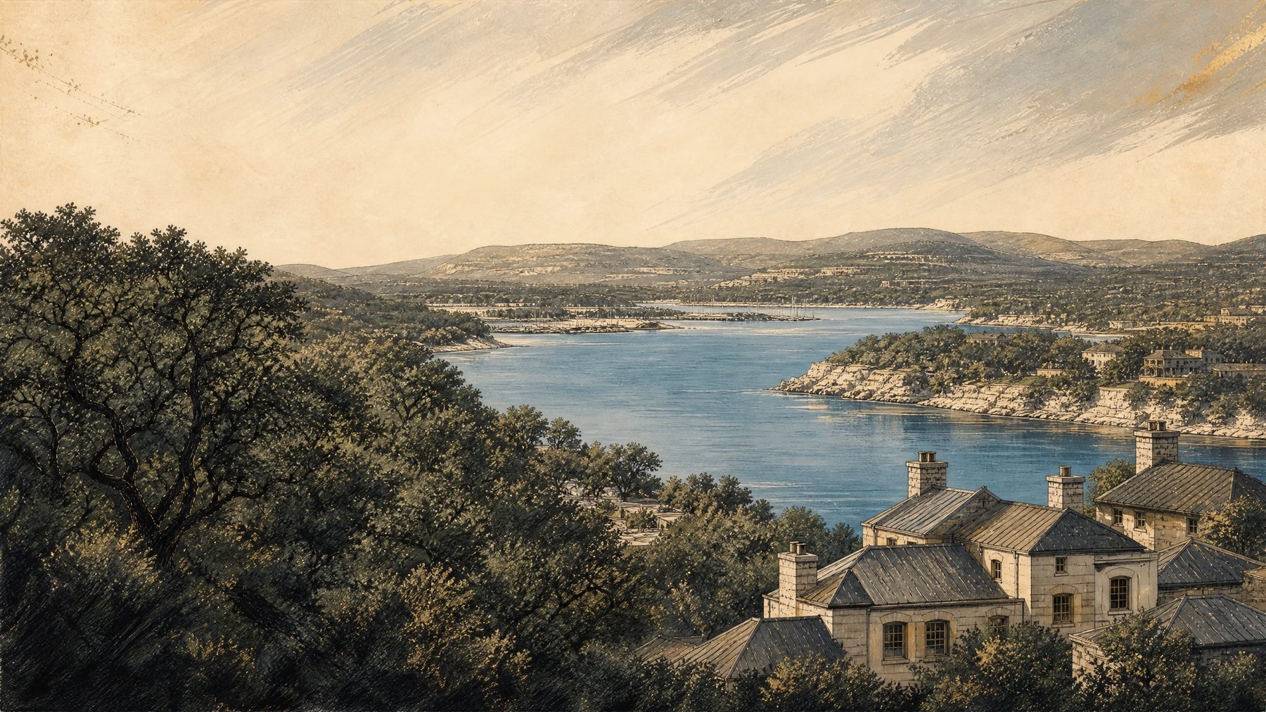 Illustrated Lake Travis shoreline, limestone ridges, live oaks, and Lakeway home rooflines