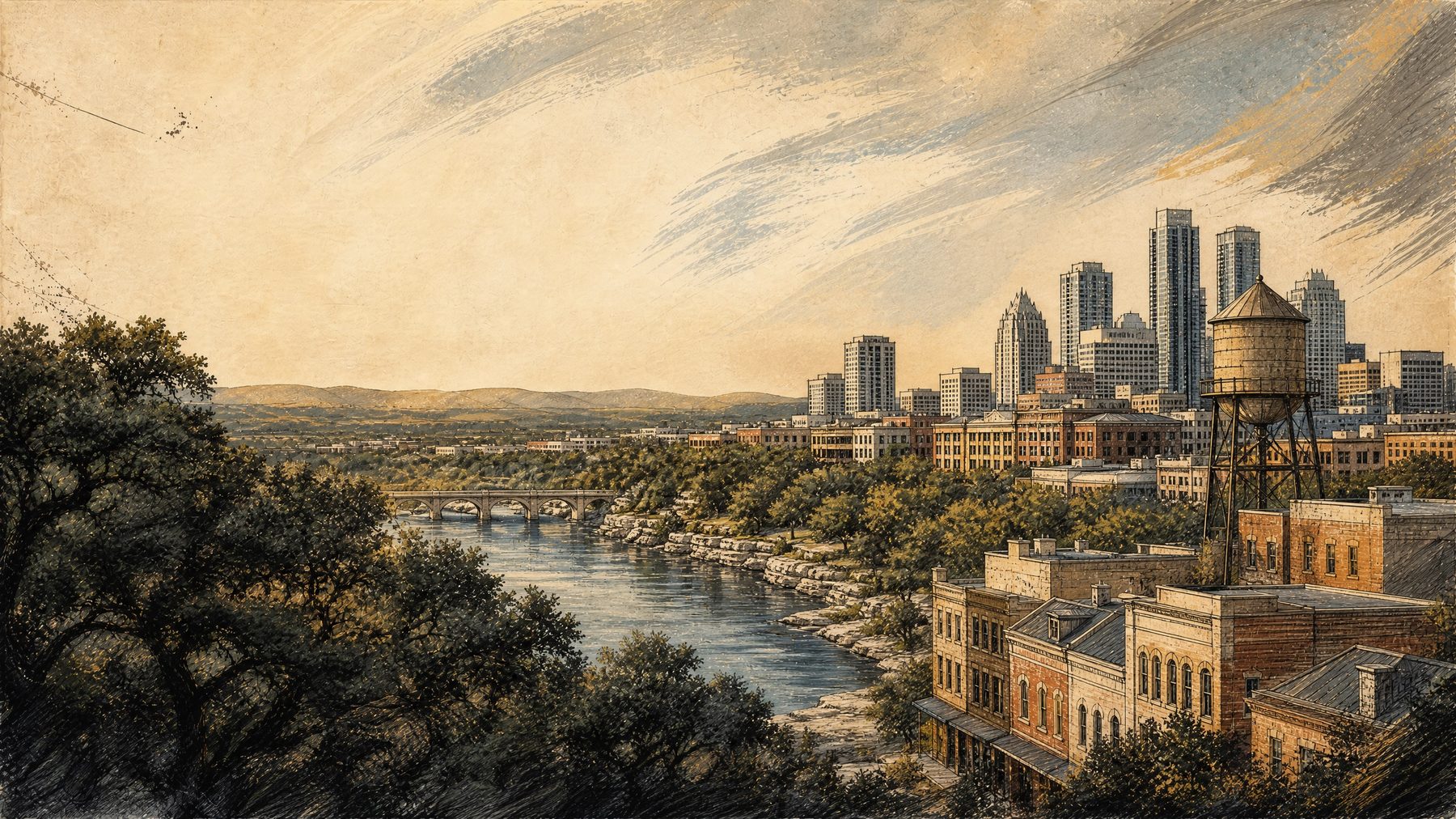 Illustrated Round Rock water tower, historic downtown, creek, and limestone crossing