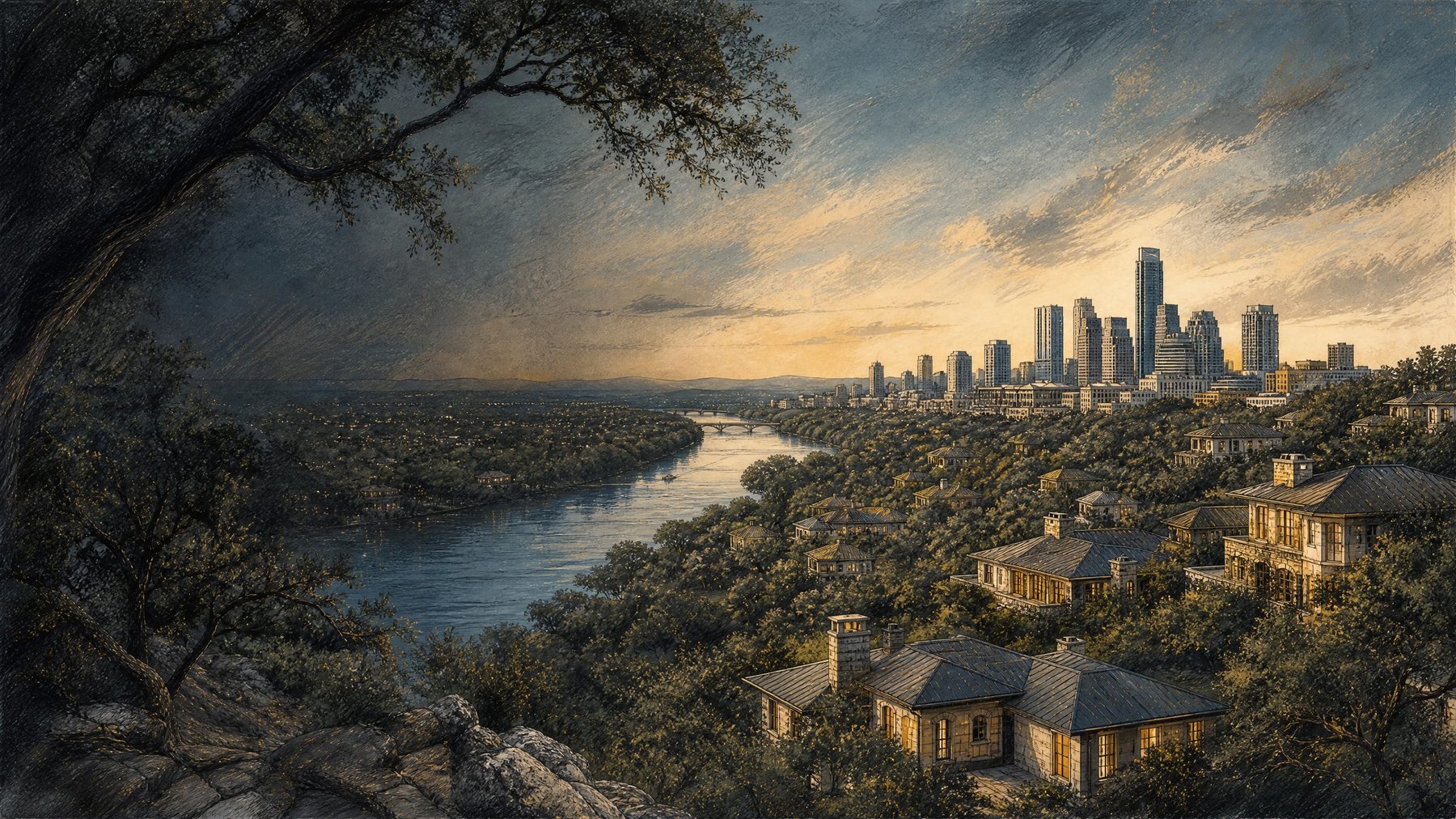 Illustrated West Lake Hills view across the Colorado River toward the Austin skyline